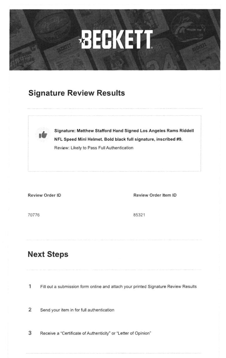 Matthew Stafford signed Los Angeles Rams Riddell Speed Mini Helmet-Beckett Rev Image 2