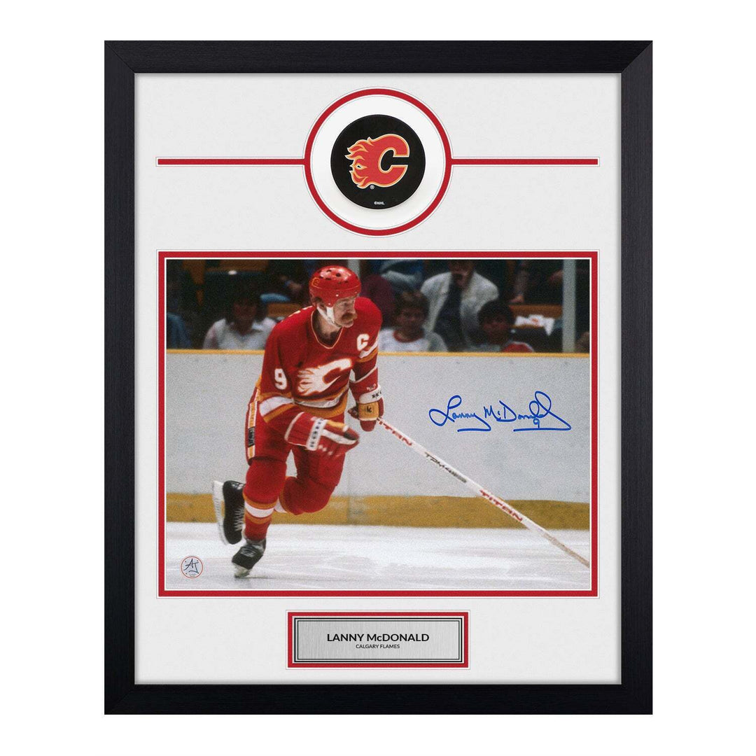Lanny McDonald Autographed Calgary Flames Puck Logo 19x23 Frame Image 1
