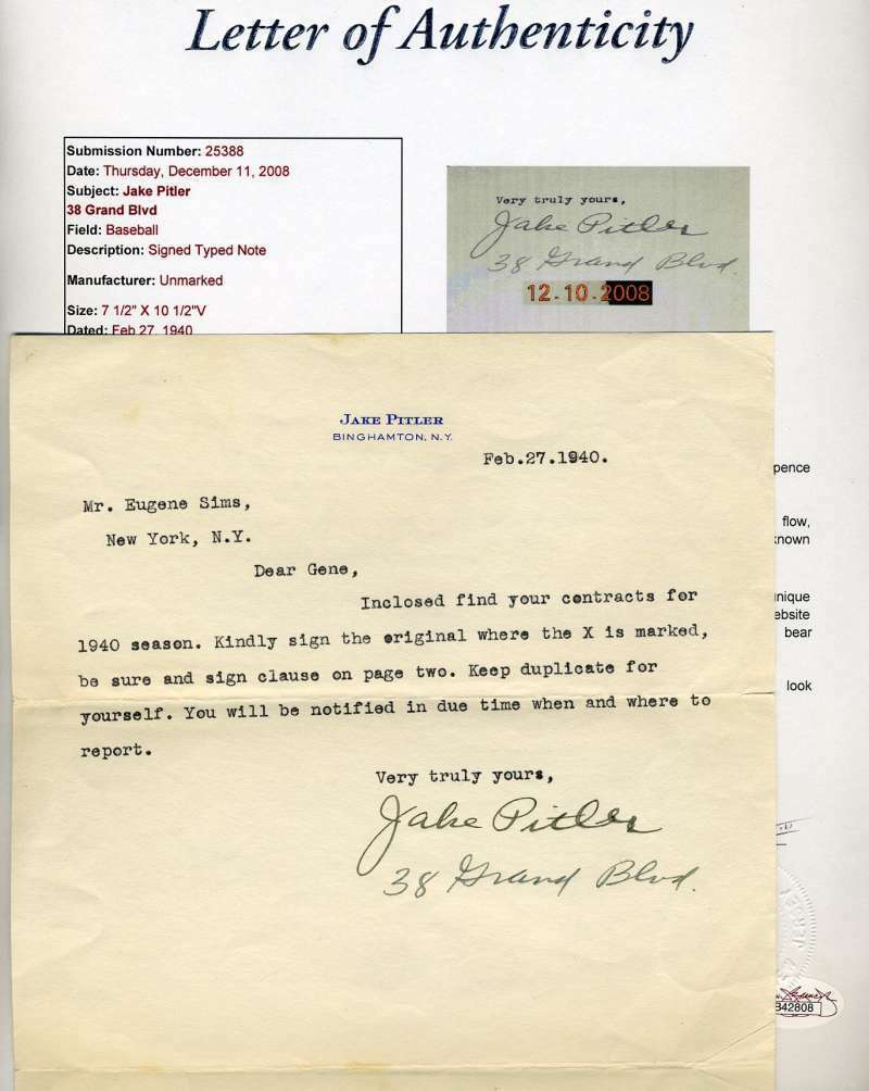 Jake Pitler JSA Coa Autograph Hand Signed 1940 Brooklyn Dodgers Letter Image 1