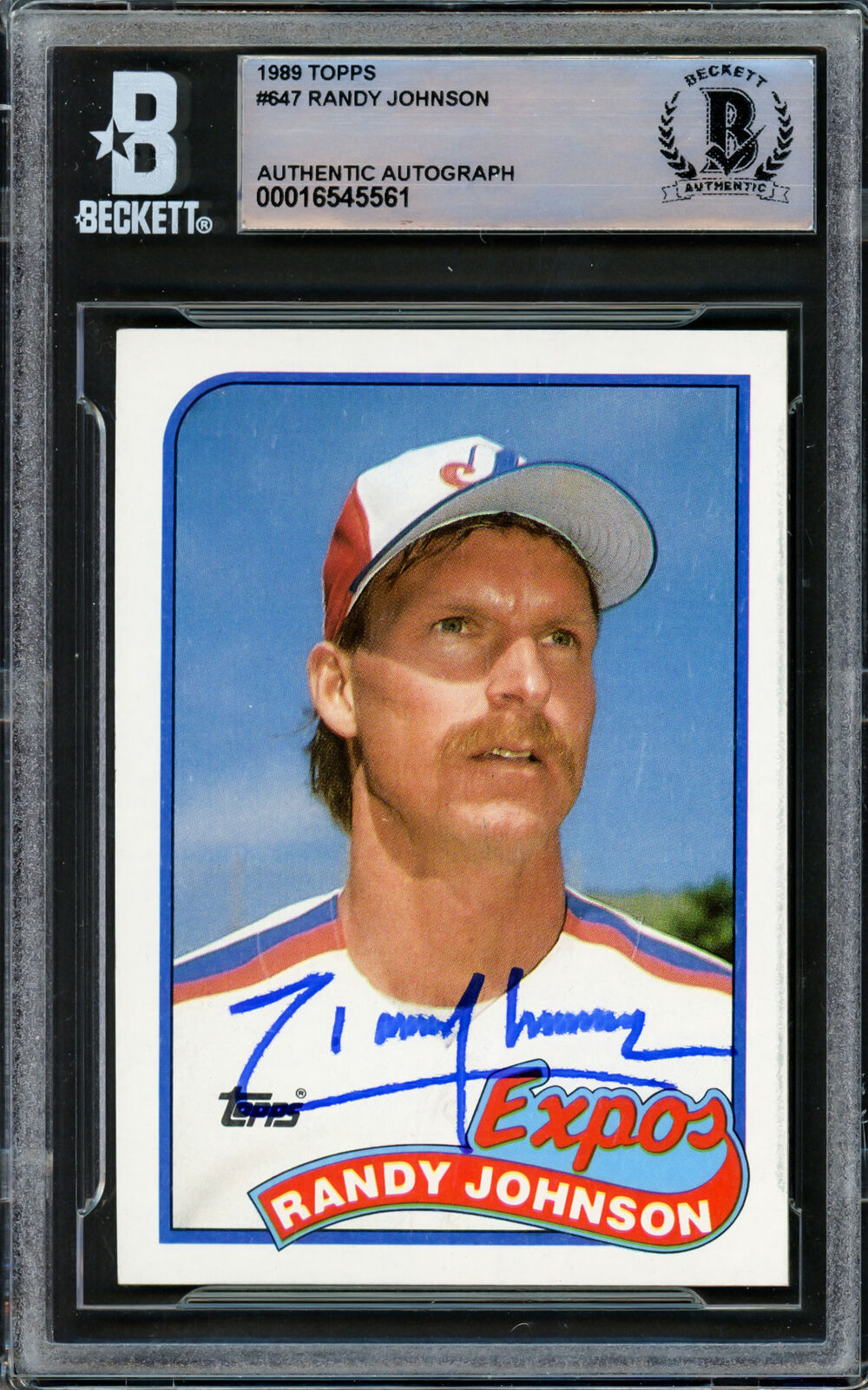 Randy Johnson Autographed 1989 Topps Rookie Card #647 Expos Beckett #16545561 Image 1