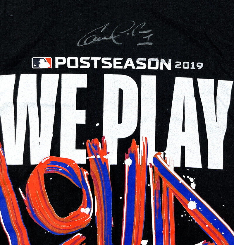 Carlos Correa Autographed Game Used 2019 Postseason We Play Loud T-Shirt PSA Image 2