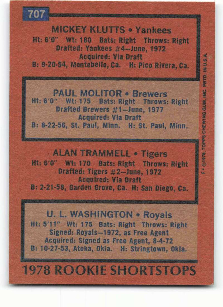 1978 Topps #707 Mickey Klutts/Paul Molitor/Alan Trammell/U.L. Washingt ID:350967 Image 2