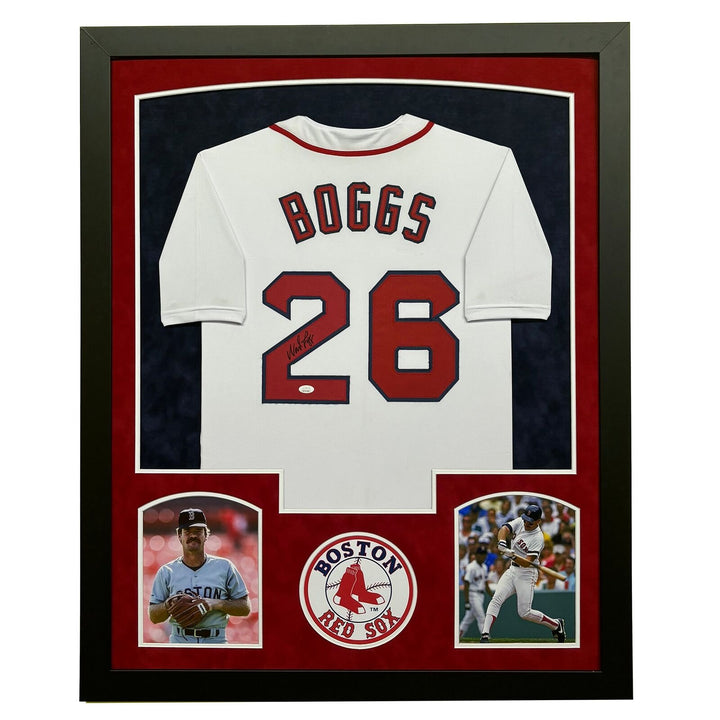 Wade Boggs Signed Boston White Custom Suede Matte Framed Baseball Jersey Image 1