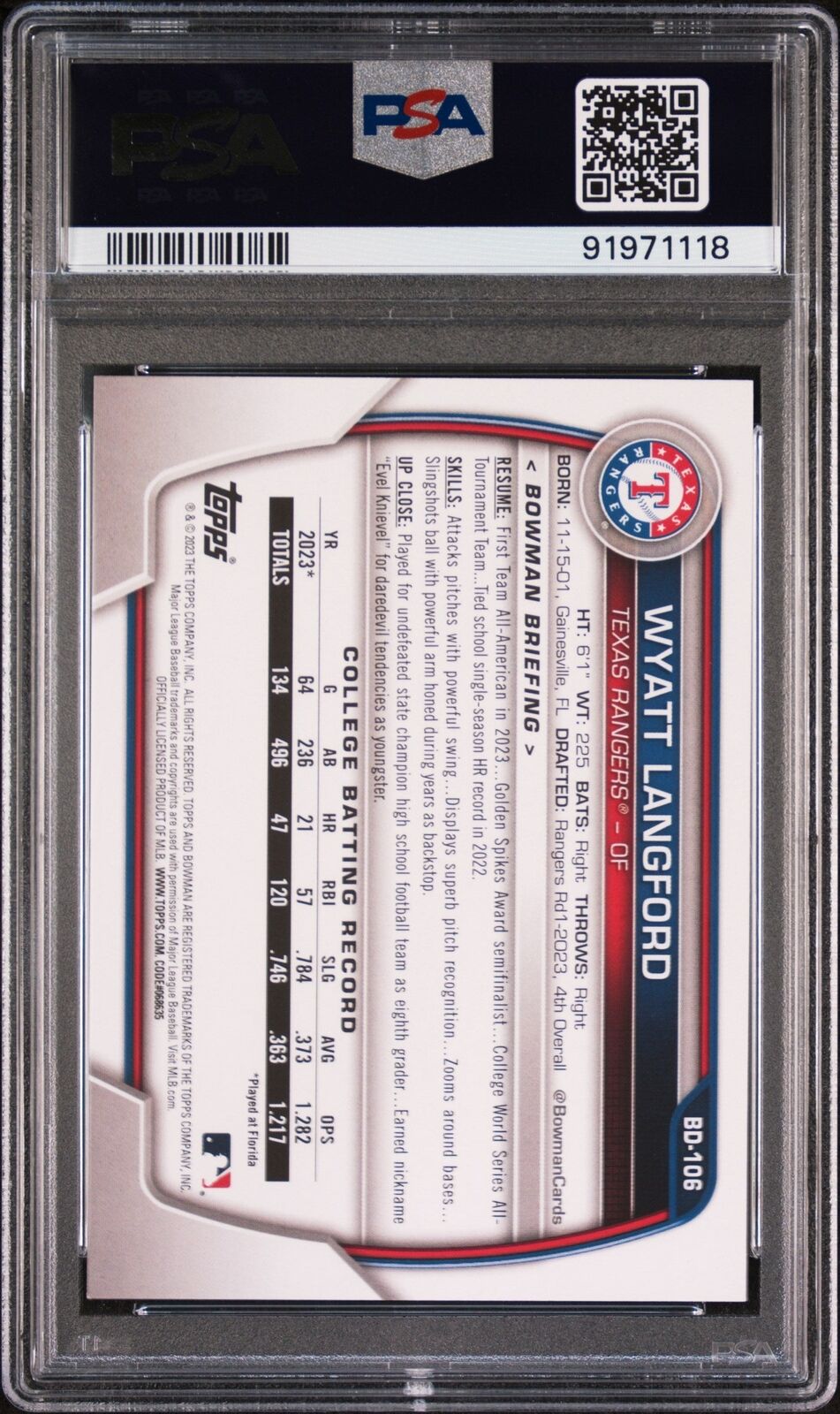 Graded 2023 Topps Bowman Draft Wyatt Langford #BD106 Rookie Baseball Card PSA 9 Image 2