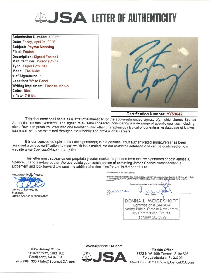 Peyton Manning Colts Autographed Championship White Panel Football JSA LOA