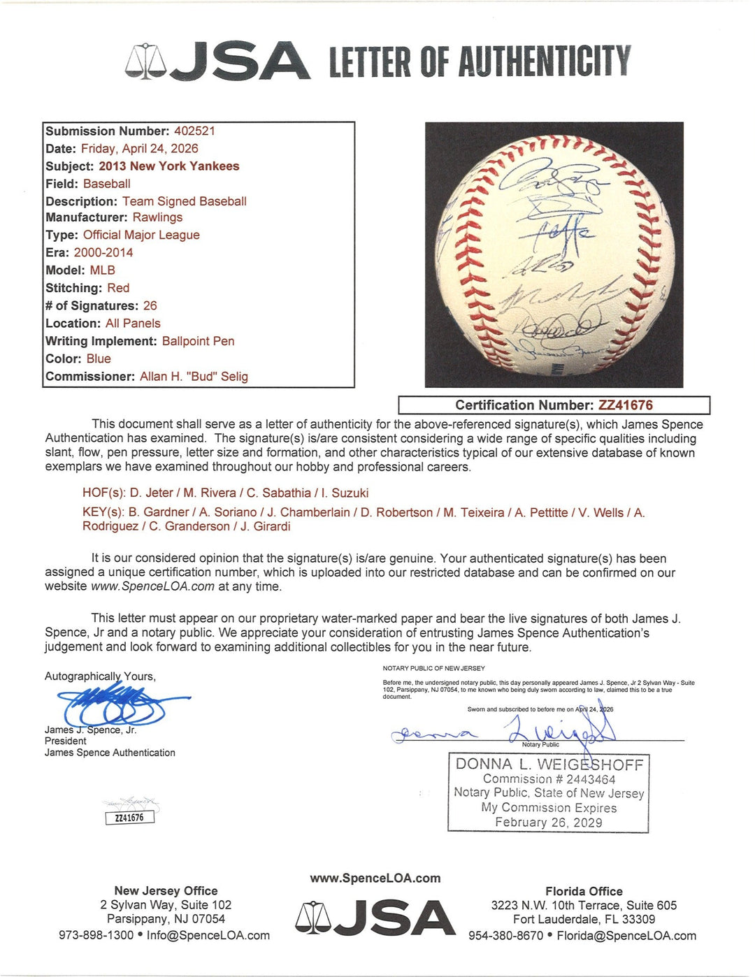 Jeter Rivera Sabathia 2013 Yankees Multi Signed OMLB Baseball 26 Autos JSA LOA
