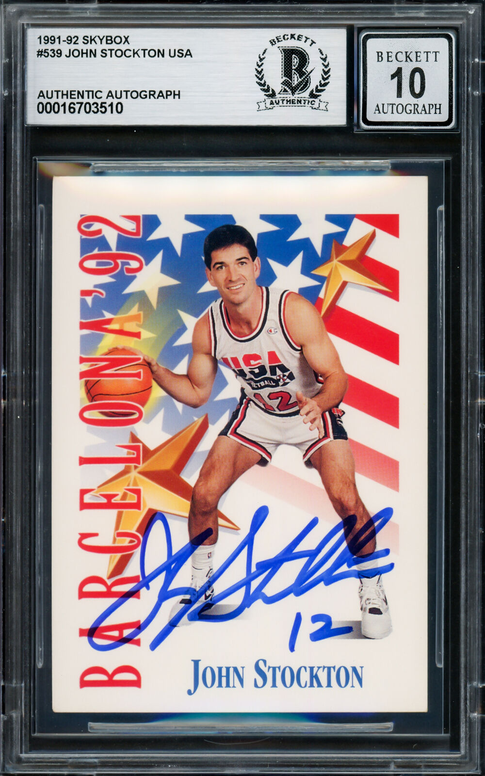 John Stockton 1991-92 Skybox Card USA Dream Team Gem 10 Auto Beckett B ...