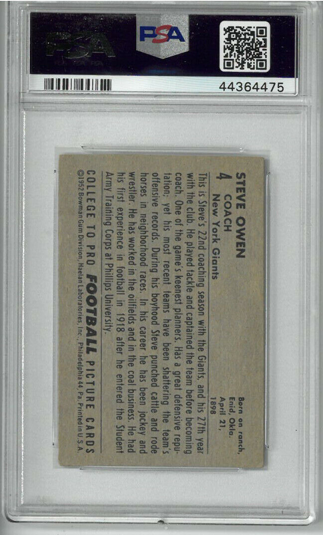 Steve Owen New York Giants 1952 Bowman Small Card #4- PSA Graded 4 Very Good- Ex Image 2