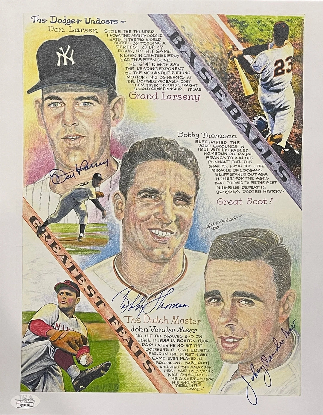 Don Larsen Bobby Thomson & Johnny Vander Meer Autographed 11x14 Litho (JSA) Image 1