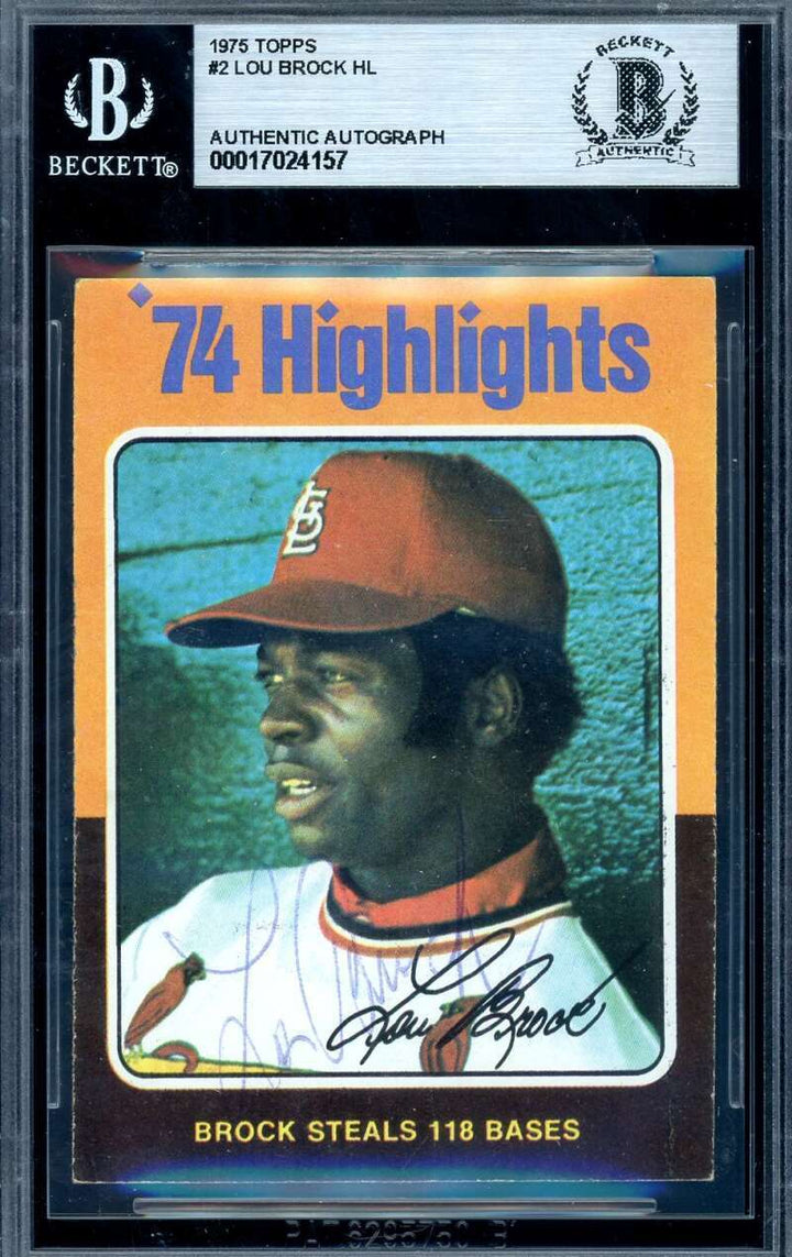 Lou Brock Beckett BAS Vintage Signed 1975 Topps 1974 Highlights