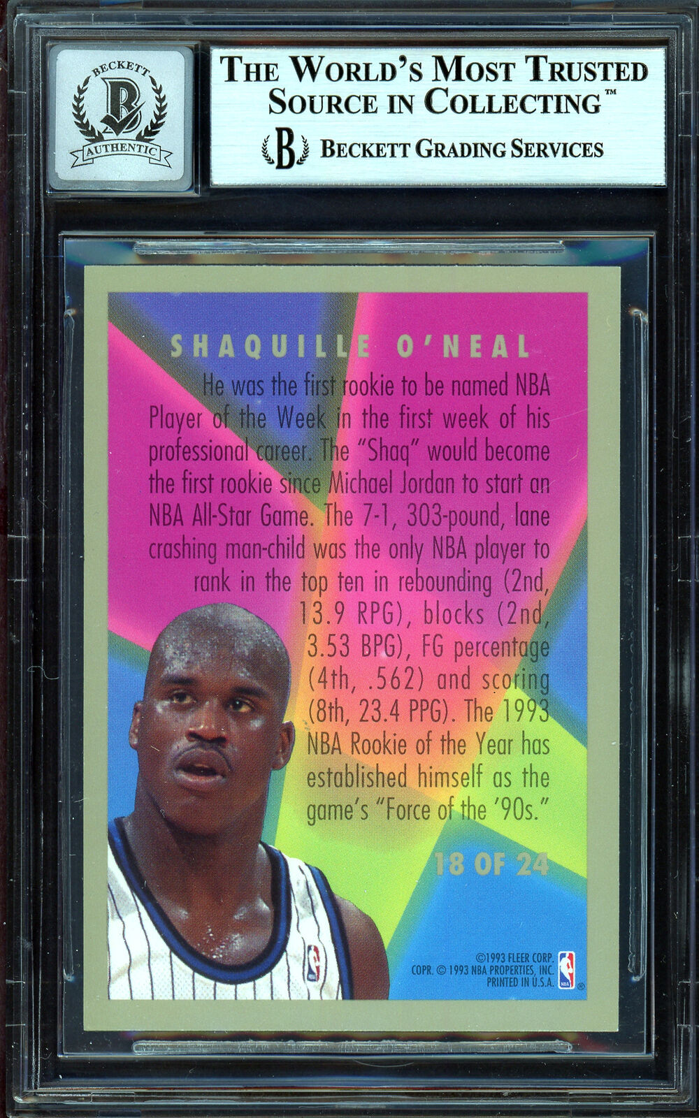 Shaquille O'Neal Auto 1993-94 Fleer Rookie Card Gem 10 Beckett 13315307 Image 2