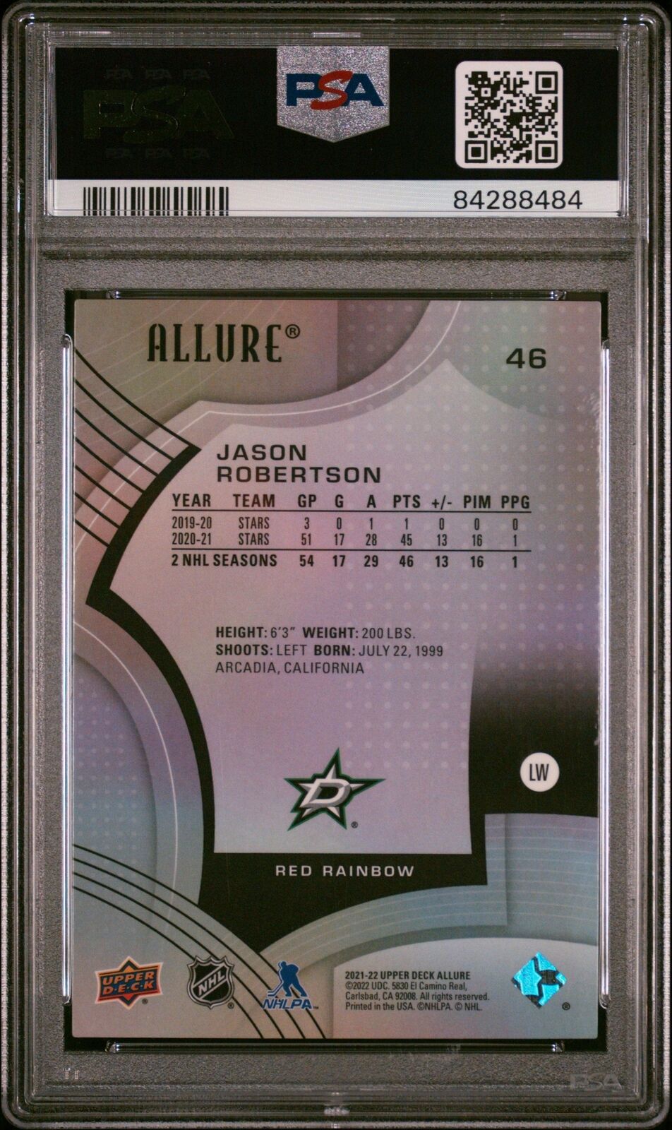 Graded 2021 Upper Deck Allure Jason Robertson #46 Red Rainbow Hockey Card PSA 10 Image 2