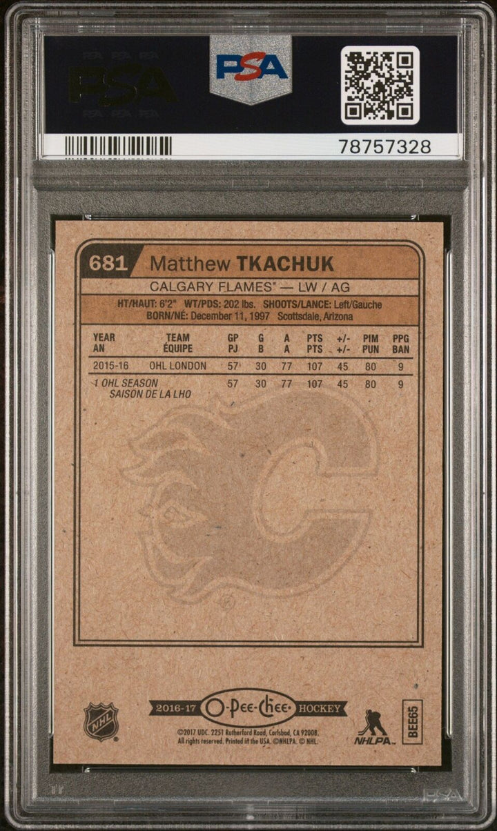 Graded 2016 UD O-Pee-Chee Matthew Tkachuk #681 Update Rookie Hockey Card PSA 10 Image 2