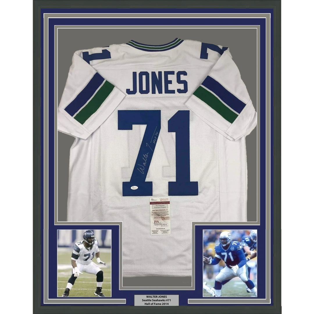 FRAMED Autographed/Signed WALTER JONES HOF 14 33x42 Seattle White Jersey JSA COA Image 1