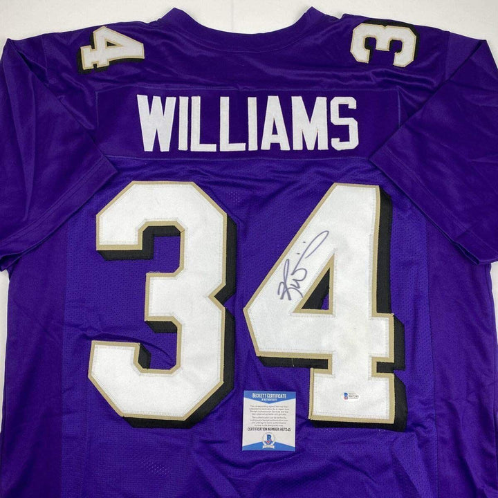 Autographed/Signed RICKY WILLIAMS Baltimore Purple Football Jersey Beckett COA Image 2