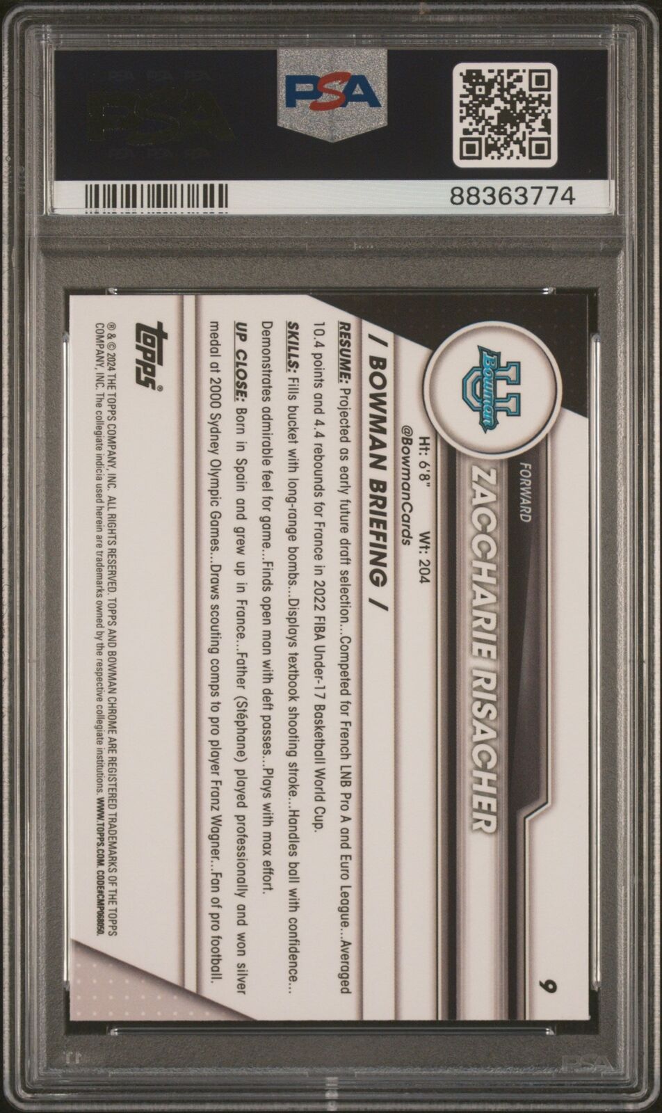 Graded 2023 Bowman U Chrome Zaccharie Risacher #9 RC Basketball Card PSA 10 Image 2