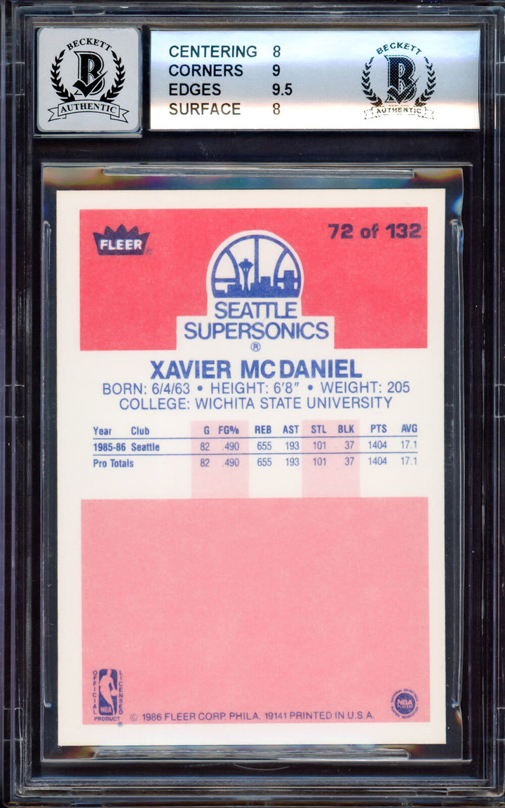 Xavier McDaniel Autographed 1986-87 Fleer RC Sonics BGS 8 Gem 10 Auto Beckett Image 2