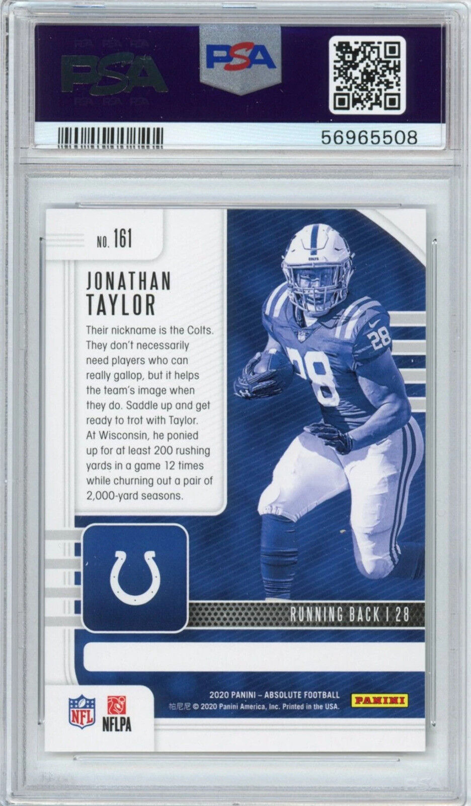 Graded 2020 Panini Absolute Jonathan Taylor #161 Rookie RC Football Card PSA 10 Image 2