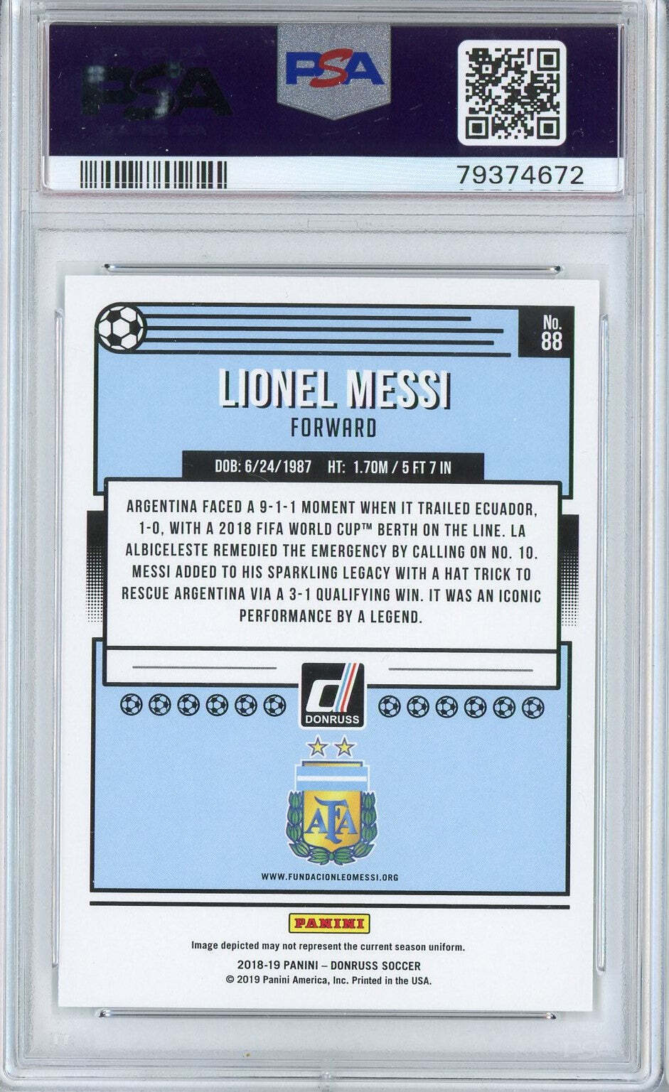 2018-19 Panini Donruss LIONEL MESSI Argentina PSA 10 2024 Gem Mint