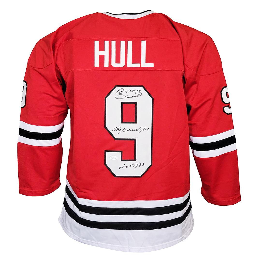 Bobby Hull Signed The Golden Jet HOF 83 Inscription Chicago Red Hockey Jersey (JSA)