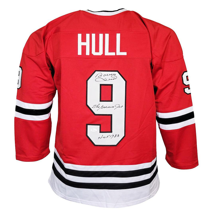 Bobby Hull Signed The Golden Jet HOF 83 Inscription Chicago Red Hockey Jersey (JSA)