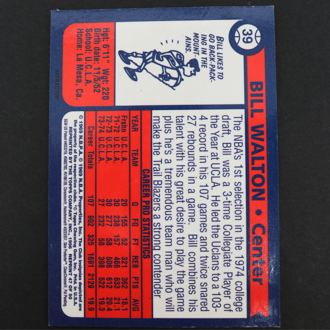 Bill Walton Portland Trailblazers 1996 Reprint Finest Refractor Topps Basketball Card