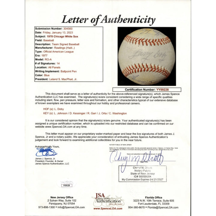 1978 Chicago White Sox Multi Signed 14 Signature OAL MacPhail Baseball (JSA LOA)