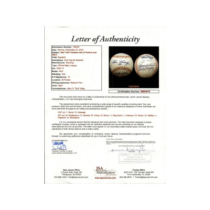 New York Yankees Greats 14 Signature Autographed MLB Baseball with Gossage on Sweet Spot - Includes Berra and Stottlemyre (JSA Letter)