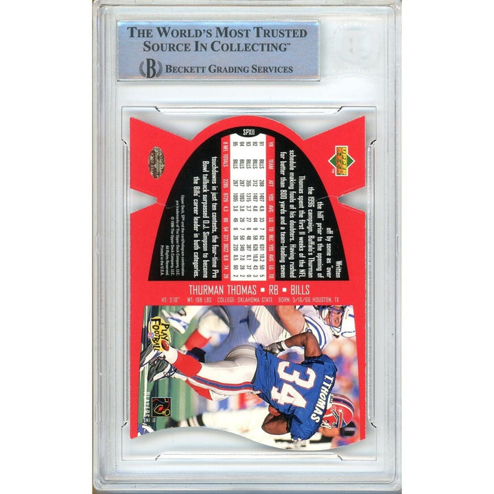 Footballs- Autographed- Thurman Thomas Buffalo Bills Signed 1996 Upper Deck SPx Trading Card Beckett Authenticated Auto Slab Back