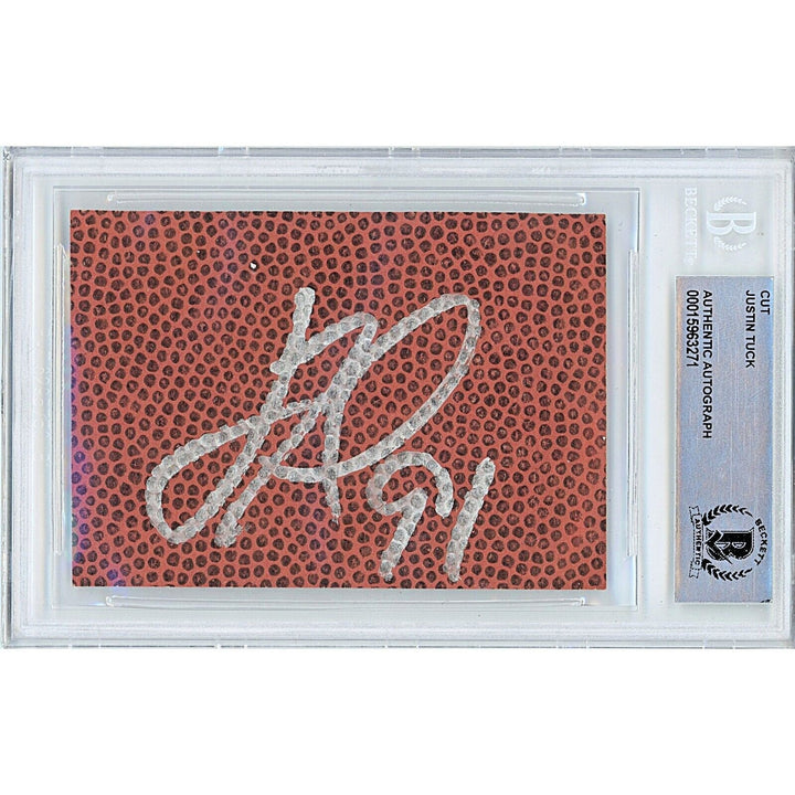 Justin Tuck NY Giants Signed Football Signature Cut Las Vegas Raiders BAS Auth Auto Slab