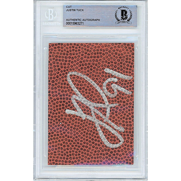 Justin Tuck NY Giants Signed Football Signature Cut Las Vegas Raiders BAS Auth Auto Slab