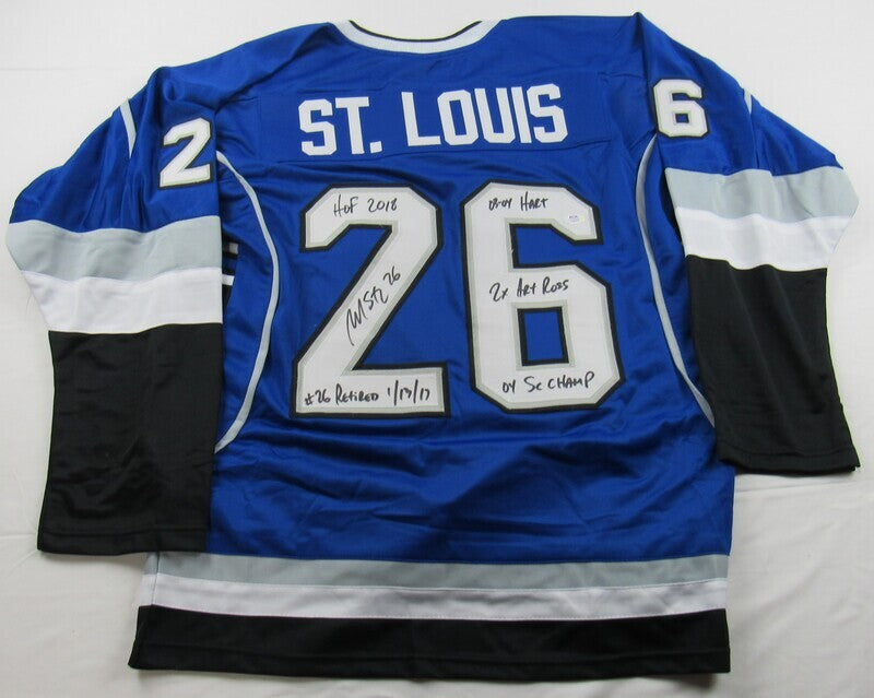 Martin St Louis Signed Replica Lightning Jersey w/ Insc PSA/DNA In The Presence COA