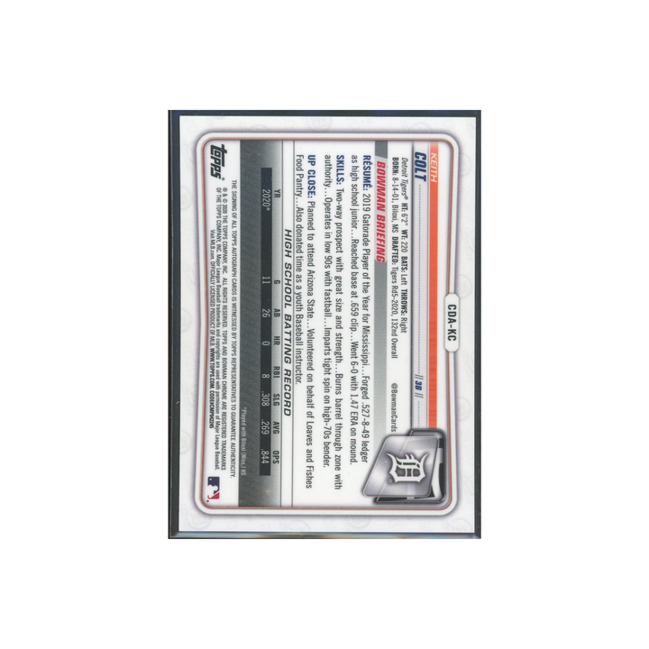 2020 Bowman Draft Baseball Chrome Draft Picks Autographs #CDA-KC: Colt Keith Base Rookie RC