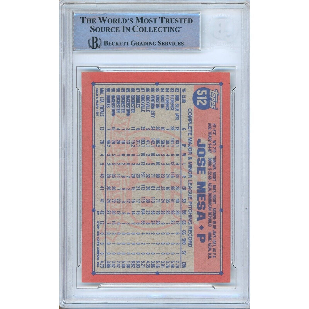 Jose Mesa Baltimore Orioles Signed 1991 Topps Baseball Card Beckett Authentic Auto Slab