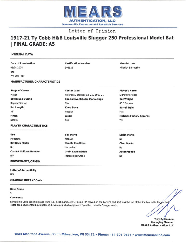 Ty Cobb Detroit Tigers 1917-21 H&B Louisville Slugger 250 Professional Model Bat Mears LOA