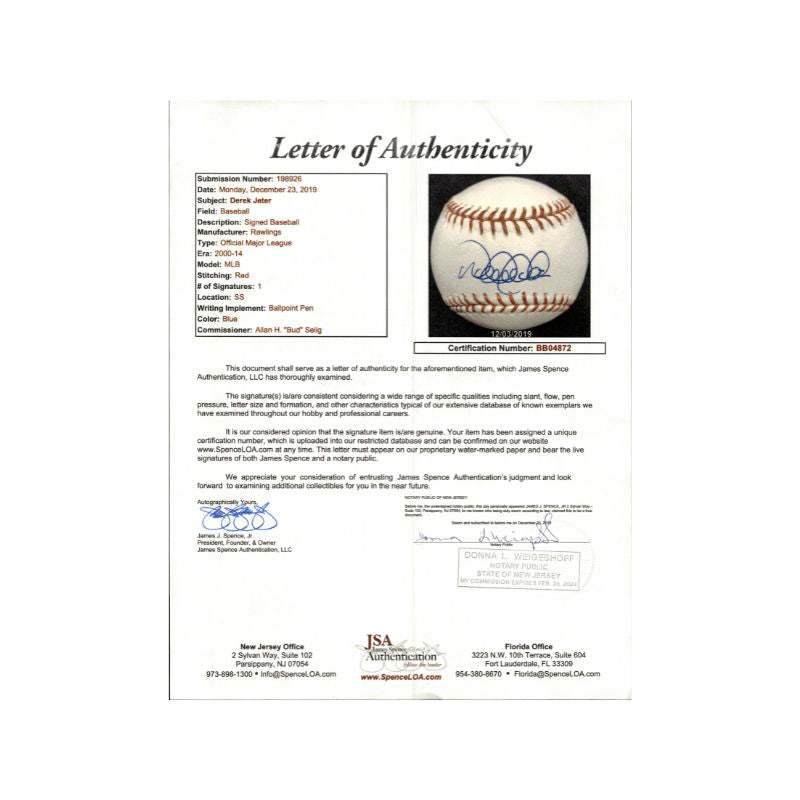 Derek Jeter New York Yankees Autographed Signed  OMLB Baseball (JSA LOA #BB04872)