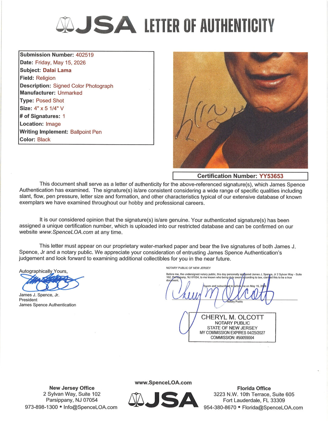 Dalai Lama Spiritual Leader Autographed 4x5 Photo JSA LOA