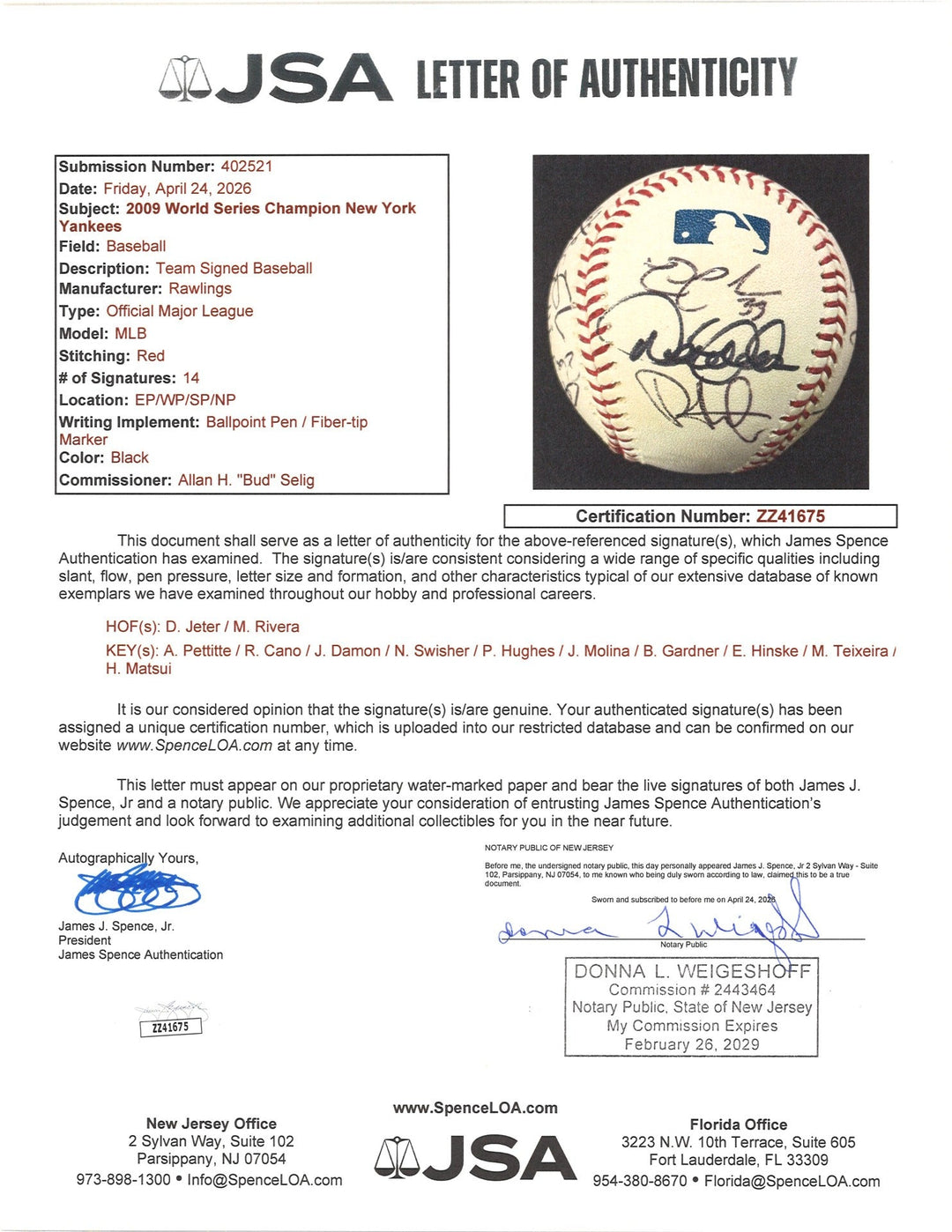Jeter Pettitte Rivera 2009 Yankees Multi Signed OMLB Baseball 14 Autos JSA LOA