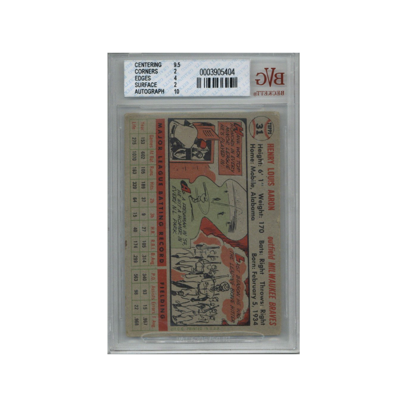 1956 Topps Hank Aaron Autograph BVG 2.5 / 10 Auto