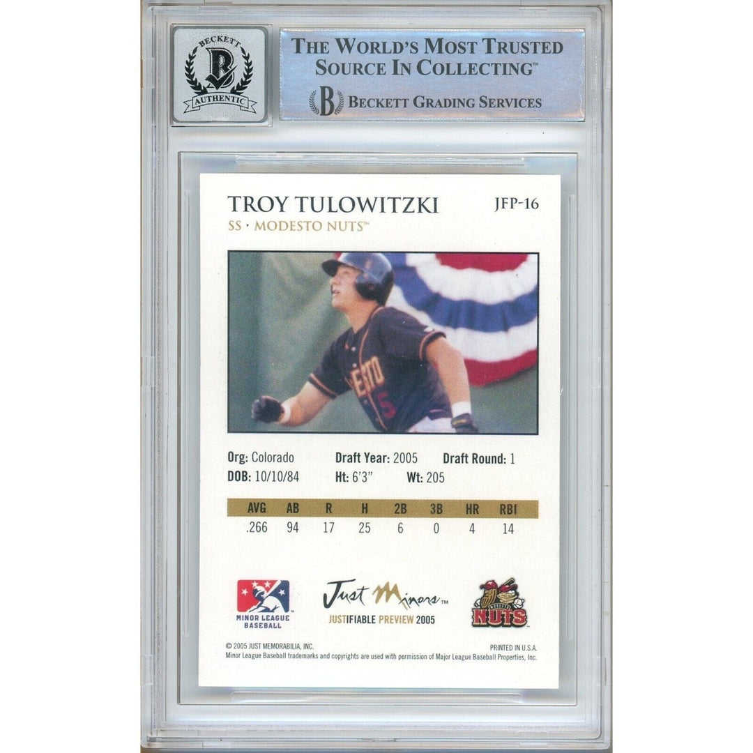 Baseballs- Autographed- Troy Tulowitzki Colorado Rockies Signed 2005 Justifiable 2006 Preview Trading Card Beckett Authentic BGS Auto-10 Graded Slab Back