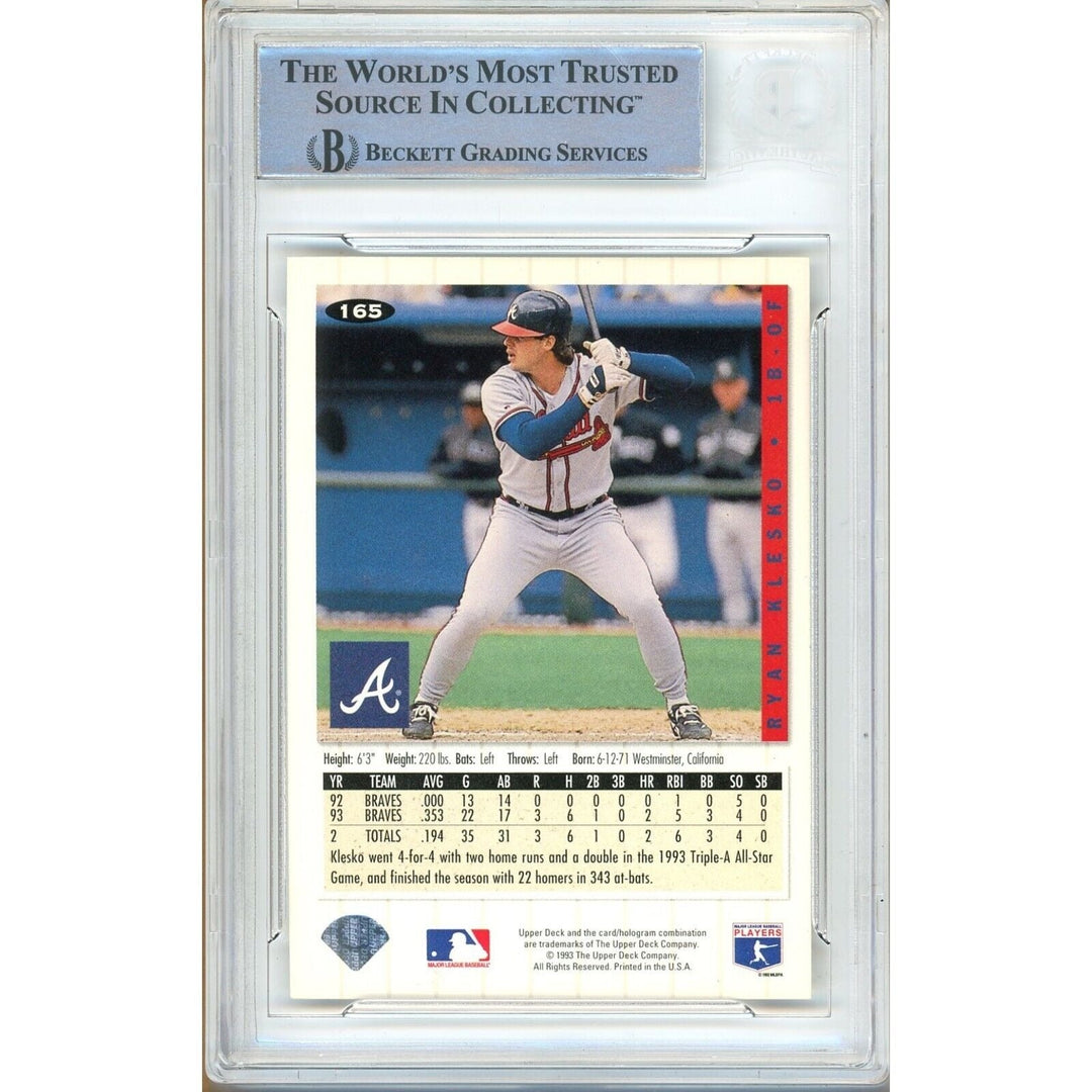 Baseballs- Autographed- Ryan Klesko Atlanta Braves Signed 1994 Upper Deck Collectors Choice Trading Card Beckett Authentic Auto Slab Back