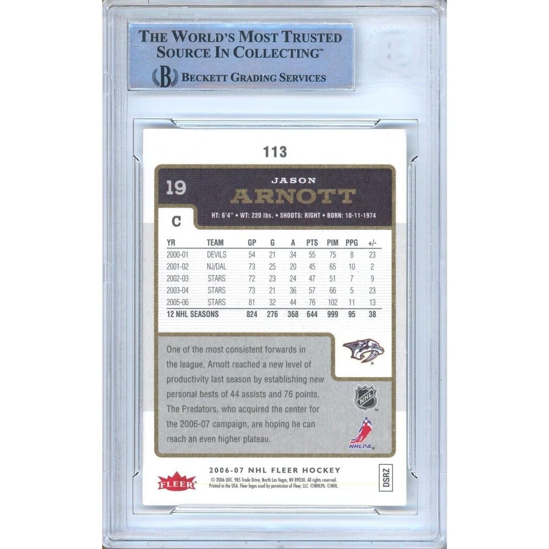 Jason Arnott Nashville Predators Signed 2006-07 Fleer Hockey Card Beckett Auth Auto Slab
