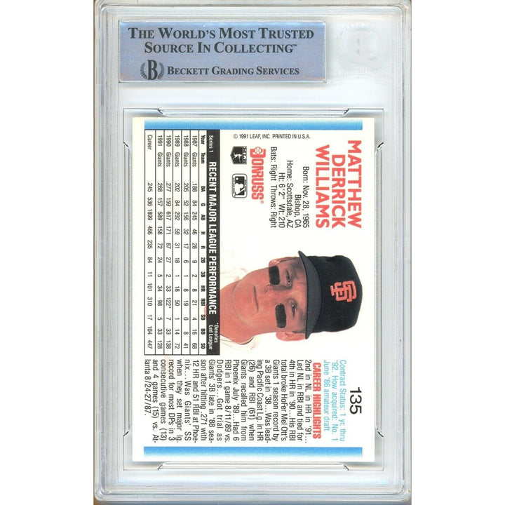Matt Williams San Francisco Giants Signed 1992 Donruss Baseball Card BAS Auth Auto Slab
