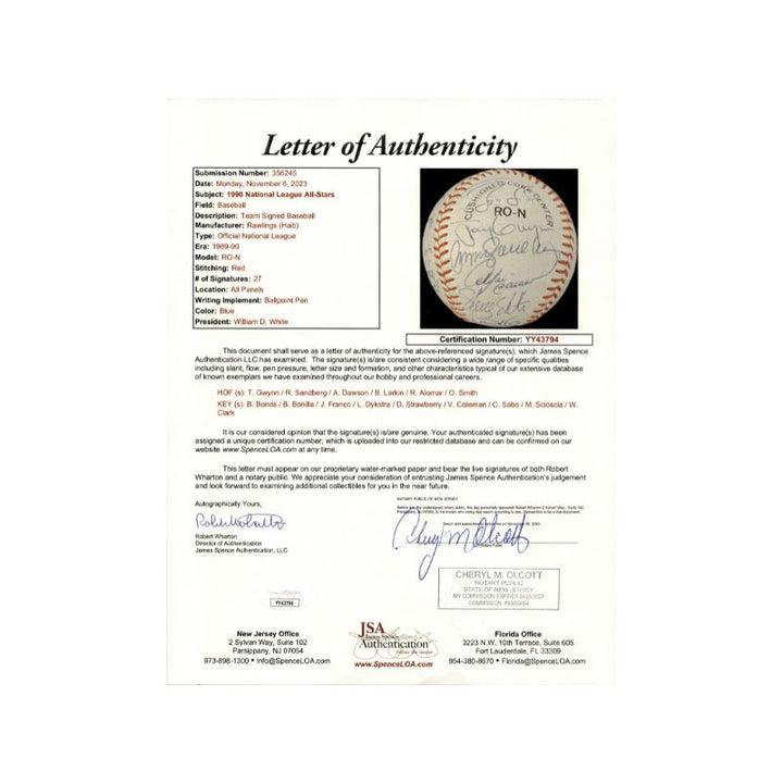 1990 N.L. All-Star Team Signed William Witt ONL Ball (JSA LOA #YY43794)