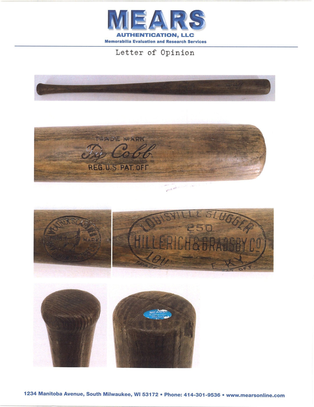 Ty Cobb Detroit Tigers 1917-21 H&B Louisville Slugger 250 Professional Model Bat Mears LOA