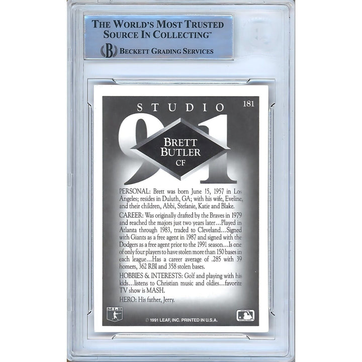 Brett Butler LA Dodgers Signed 1991 Donruss Studio Baseball Card Beckett Auth Auto Slab