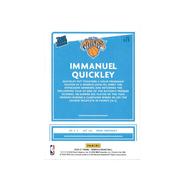 Immanuel Quickley New York Knicks Autographed Donruss Rated Rookie Card