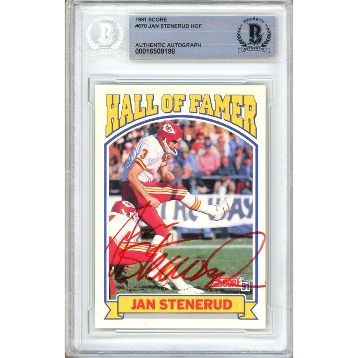Jan Stenerud Kansas City Chiefs Signed 1991 Score HOF Football Card BAS Auth Auto Slab