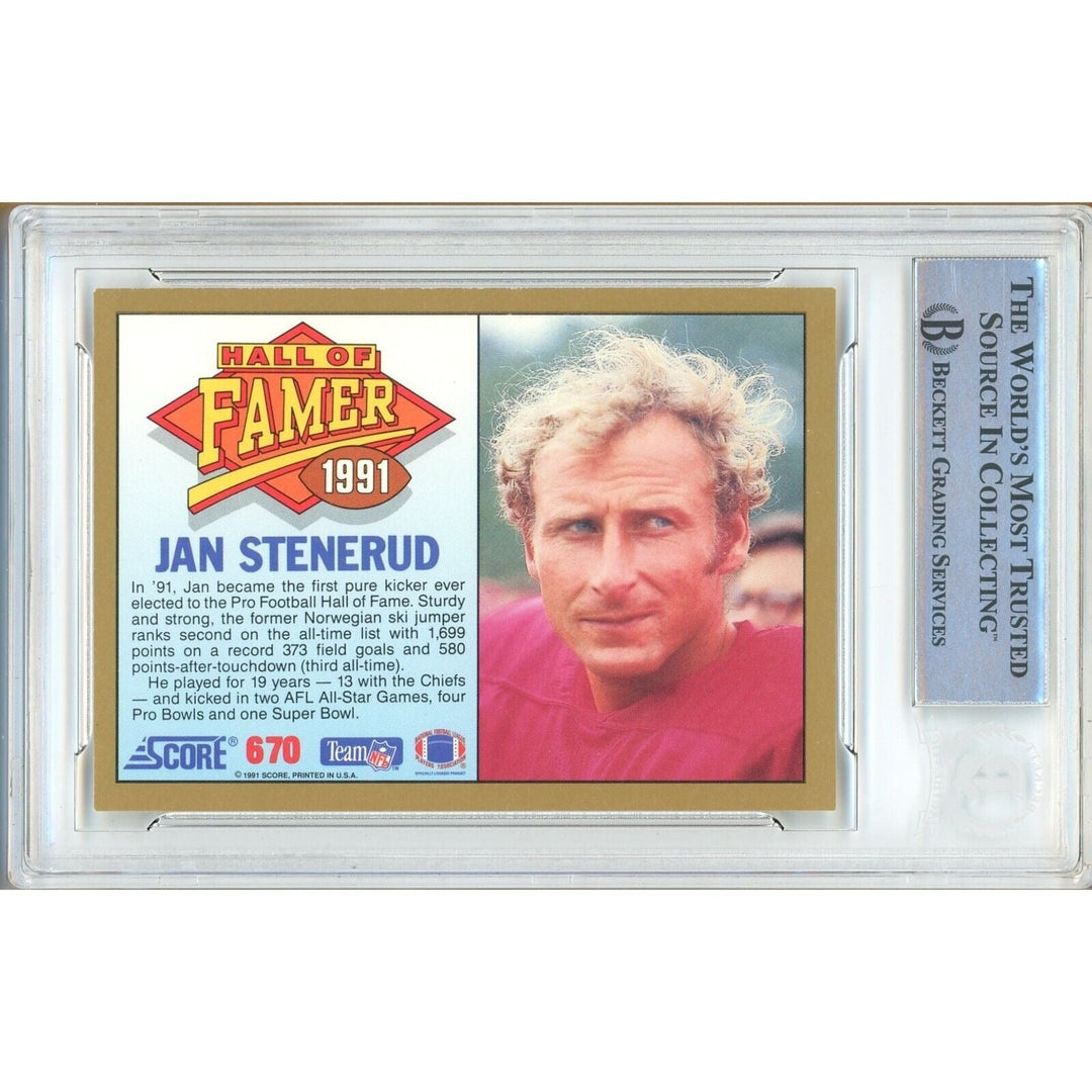 Jan Stenerud Kansas City Chiefs Signed 1991 Score HOF Football Card BAS Auth Auto Slab