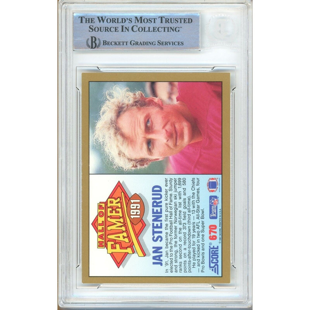 Jan Stenerud Kansas City Chiefs Signed 1991 Score HOF Football Card BAS Auth Auto Slab